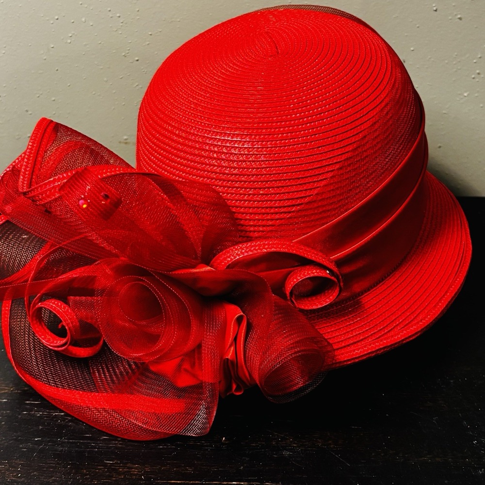 Vintage Deborah Fashions Red Church Hat Kentucky Derby Tea Party Floral Cloche